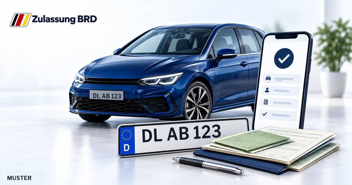 Online Fahrzeugzulassung in Döbeln: Musterkennzeichen DL AB 123, Auto und Fahrzeugpapiere und Smartphone. Illustration mit Logo von Zulassung BRD.
